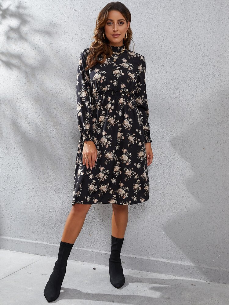 Floral Print Ruffle Neck Flounce Sleeve Shirred A-line Dress - Multicolor - View 1