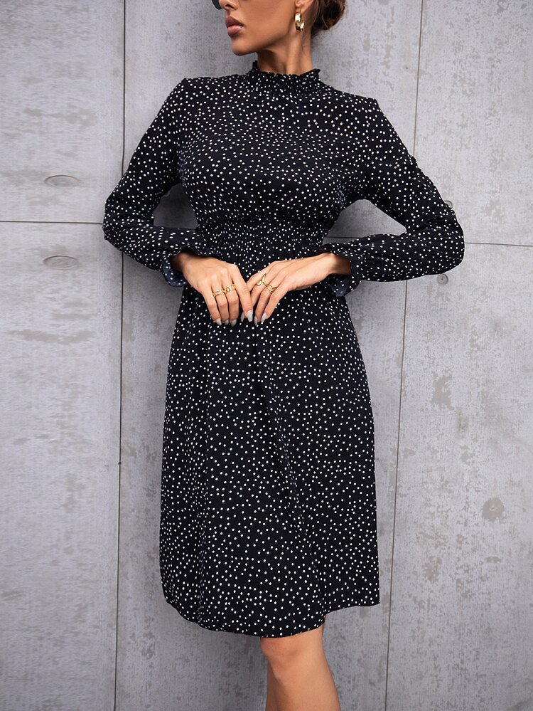Polka Dot Print Ruffle Neck Flounce Sleeve Shirred A-line Dress - Black - View 5