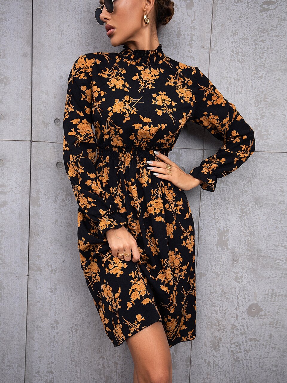 Floral Print Ruffle Neck Flounce Sleeve Shirred A-line Dress