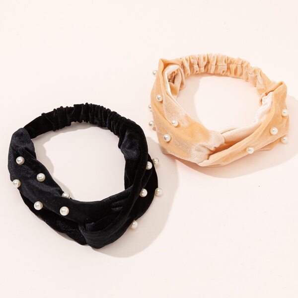 

2pcs Faux Pearl Decor Hair Band, Multicolor
