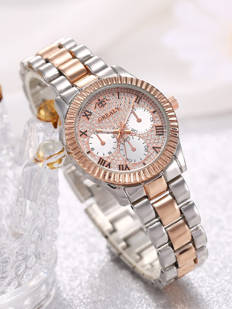 GREALY Reloj de cuarzo triple esfera con decoración de pedrería para vacaciones - Plateado - Ver 1