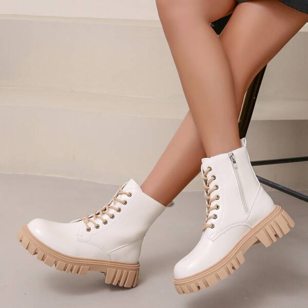 

Colorblock Lace-up Front Combat Boots, Beige