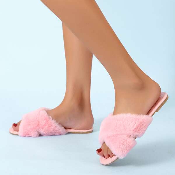 

Cross Strap Fluffy Home Slippers, Pink