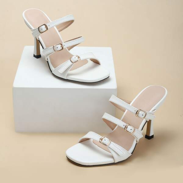 

Buckle Decor Stiletto Heeled Mule Sandals, White