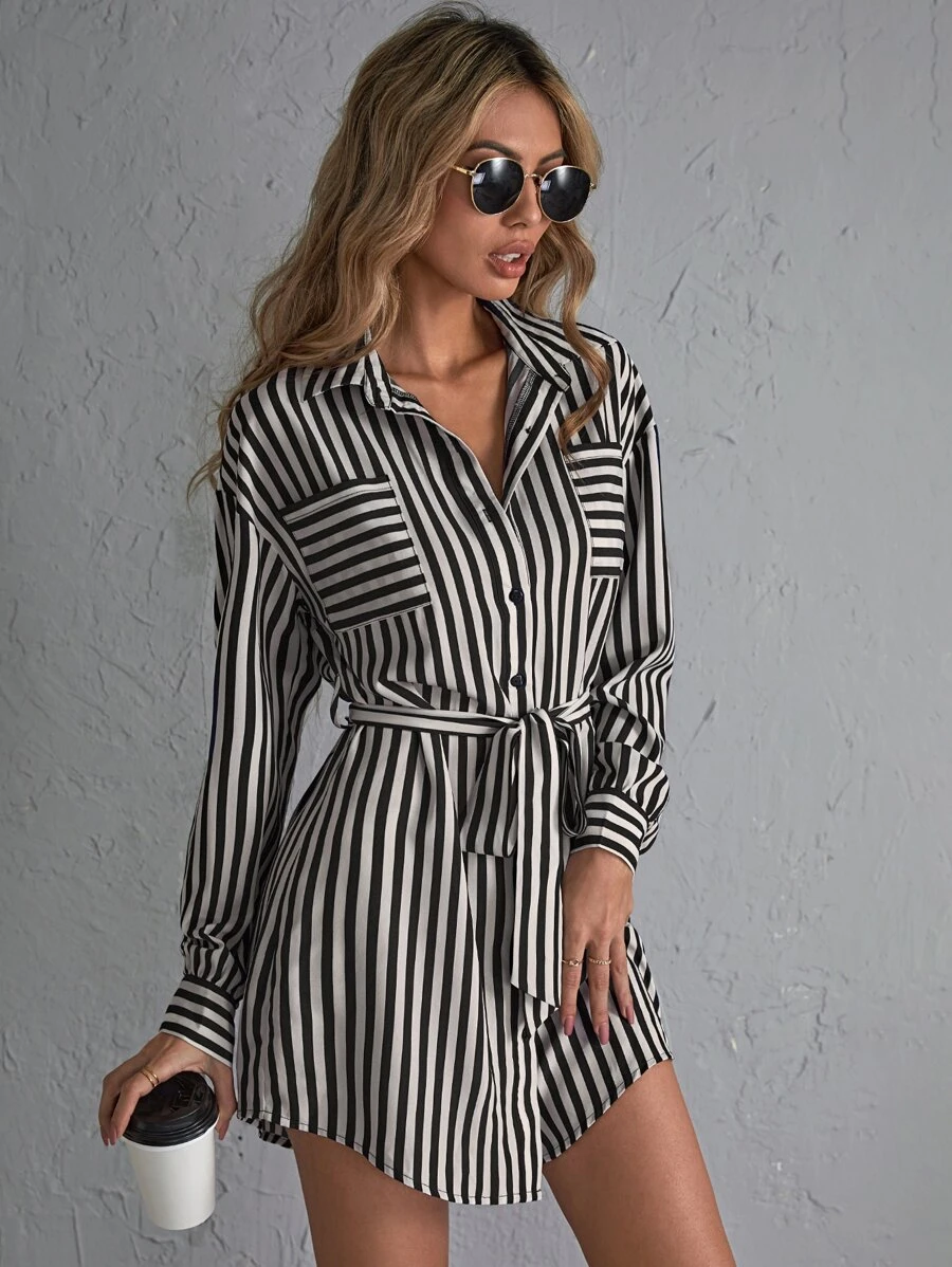 SHEIN Privé Patch Pocket Belted Striped Shirt Dress - Black and White - View 1