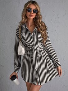 SHEIN Privé Patch Pocket Belted Striped Shirt Dress - Black and White - View 4