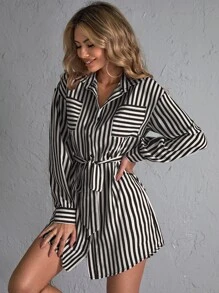 SHEIN Privé Patch Pocket Belted Striped Shirt Dress - Black and White - View 5
