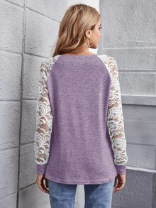 SHEIN LUNE Sheer Lace Raglan Sleeve Colourblock Tee - Lilac Purple - View 2