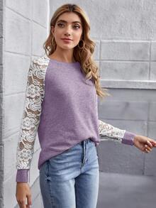SHEIN LUNE Sheer Lace Raglan Sleeve Colourblock Tee - Lilac Purple - View 3