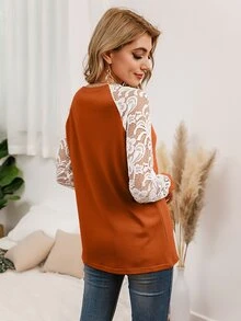 SHEIN LUNE Camiseta de color combinado de manga raglán con encaje transparente - Naranja Coral - Ver 2
