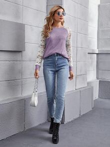 SHEIN LUNE Sheer Lace Raglan Sleeve Colourblock Tee - Lilac Purple - View 4
