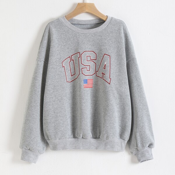 

American Flag & Letter Graphic Drop Shoulder Pullover, Light grey