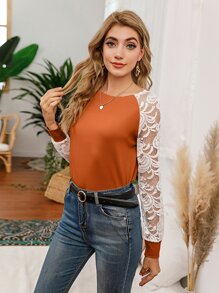 SHEIN LUNE Camiseta de color combinado de manga raglán con encaje transparente - Naranja Coral - Ver 3