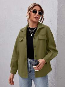 SHEIN Essnce Drop Shoulder Buttoned Overcoat - Olive Green - View 1