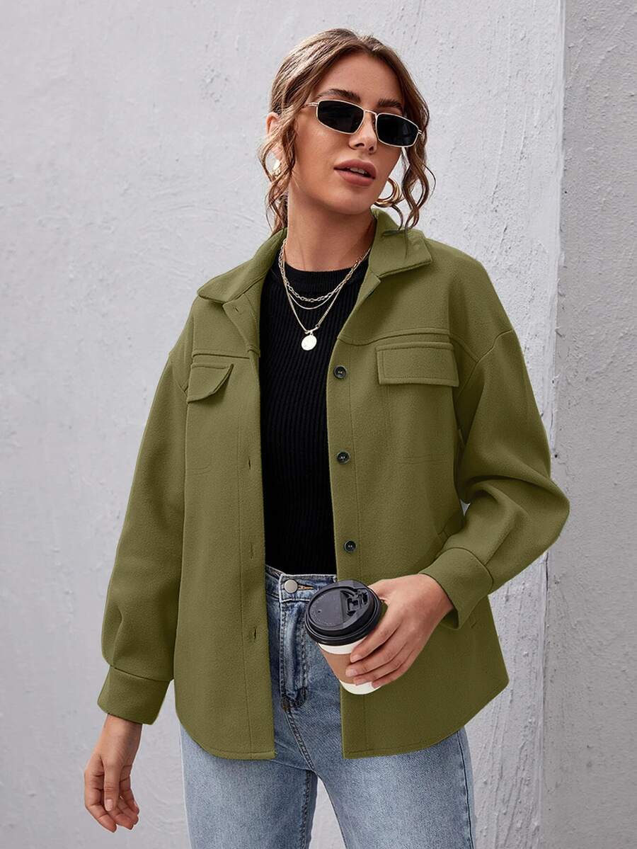 SHEIN Essnce Drop Shoulder Buttoned Overcoat - Olive Green - View 1
