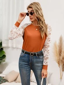 SHEIN LUNE Camiseta de color combinado de manga raglán con encaje transparente - Naranja Coral - Ver 4