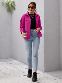 SHEIN Essnce Chaqueta unicolor de hombros caídos con botón delantero - Rosa Fucsia - Ver 3