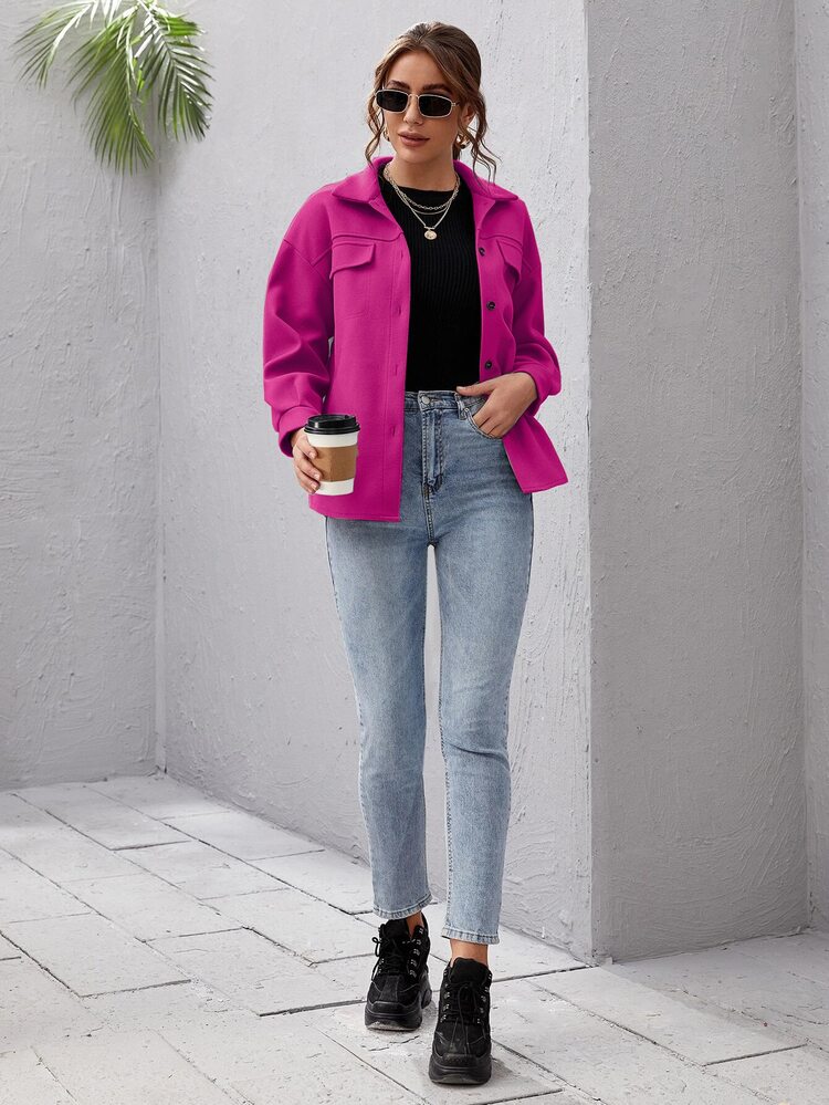 SHEIN Essnce Drop Shoulder Buttoned Overcoat - Hot Pink - View 3