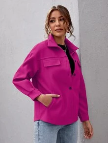SHEIN Essnce Chaqueta unicolor de hombros caídos con botón delantero - Rosa Fucsia - Ver 4