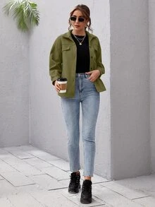 SHEIN Essnce Drop Shoulder Buttoned Overcoat - Olive Green - View 3