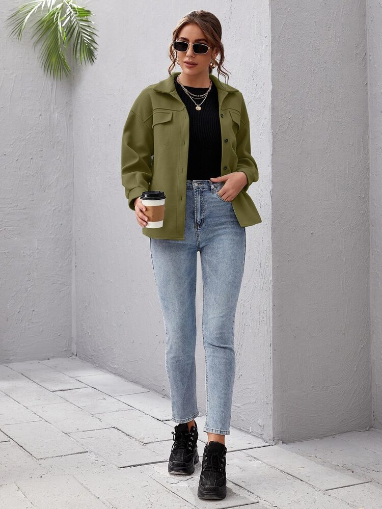 SHEIN Essnce Drop Shoulder Buttoned Overcoat - Olive Green - View 3