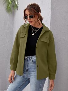 SHEIN Essnce Drop Shoulder Buttoned Overcoat - Olive Green - View 4