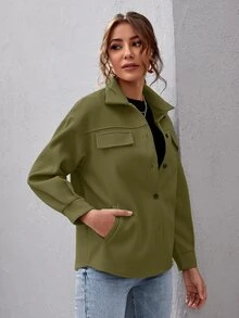 SHEIN Essnce Drop Shoulder Buttoned Overcoat - Olive Green - View 5