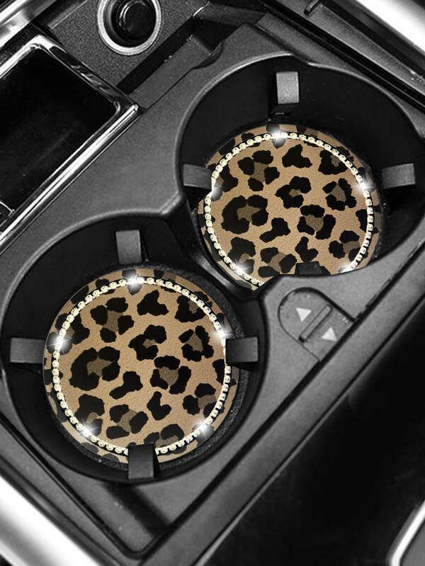 Araba İçin 2 Adet 7 cm Çaplı Yapay Elmaslı İnek Desenli ve Leopar Desenli Kaymaz Silikon Bardak Altlığı