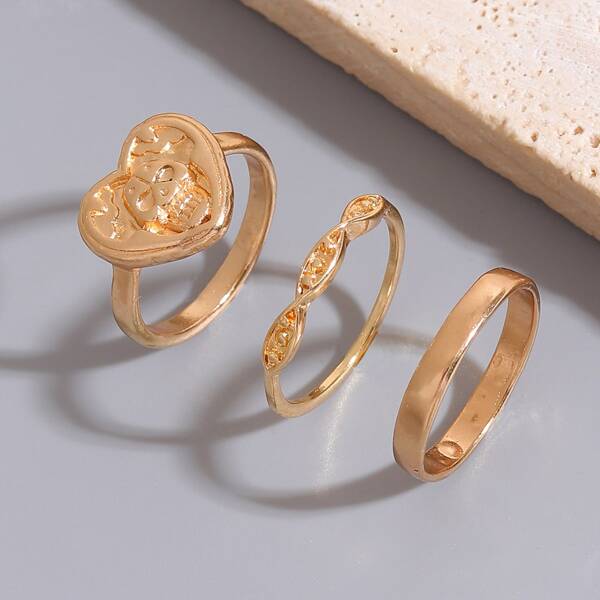 

3pcs Heart Detail Ring, Gold