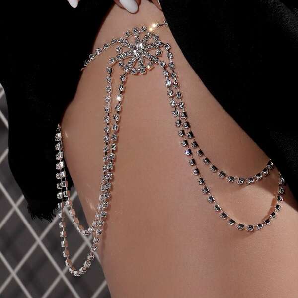 

Rhinestone Decor Thigh Chain, Silver