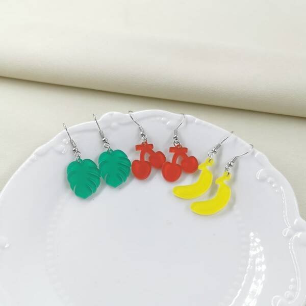 

3pairs Leaf & Fruit Decor Drop Earrings, Multicolor