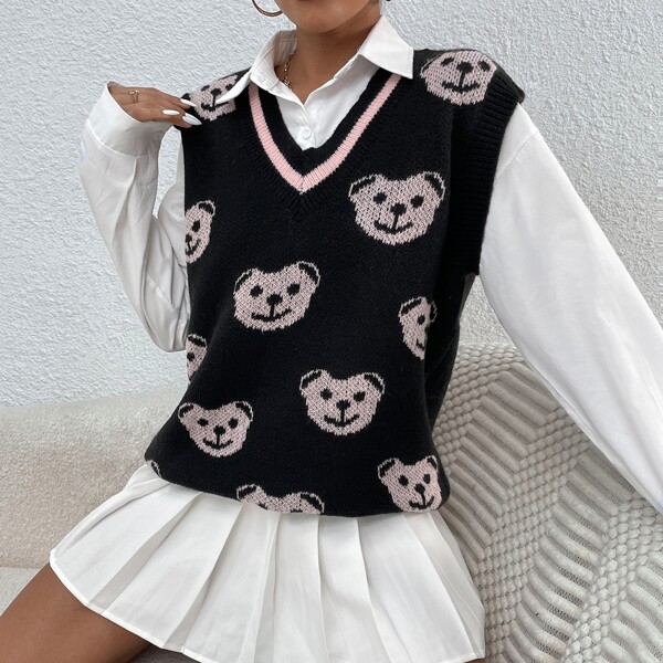 

Cartoon Graphic Sweater Vest, Black