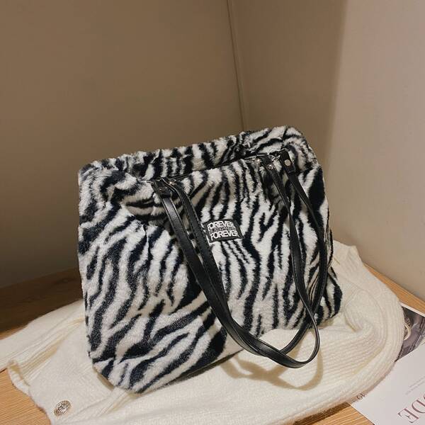 

Zebra Striped Pattern Fluffy Shoulder Tote Bag, Black and white