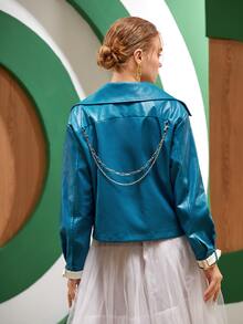 Lidia kokowicz 鏈條細節字母圖案搭扣翻蓋口袋PU皮革夾克 - 水鴨藍 - 查看 2