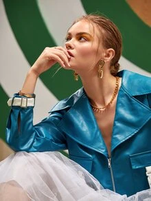 Lidia kokowicz 鏈條細節字母圖案搭扣翻蓋口袋PU皮革夾克 - 水鴨藍 - 查看 4