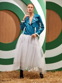 Lidia kokowicz 鏈條細節字母圖案搭扣翻蓋口袋PU皮革夾克 - 水鴨藍 - 查看 6