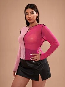 SHEIN SXY 大碼雙色頂針網紗不附胸罩上衣 - 彩色 - 查看 4