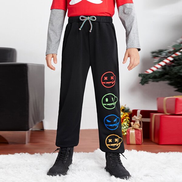

Boys Cartoon Face Print Sweatpants, Black