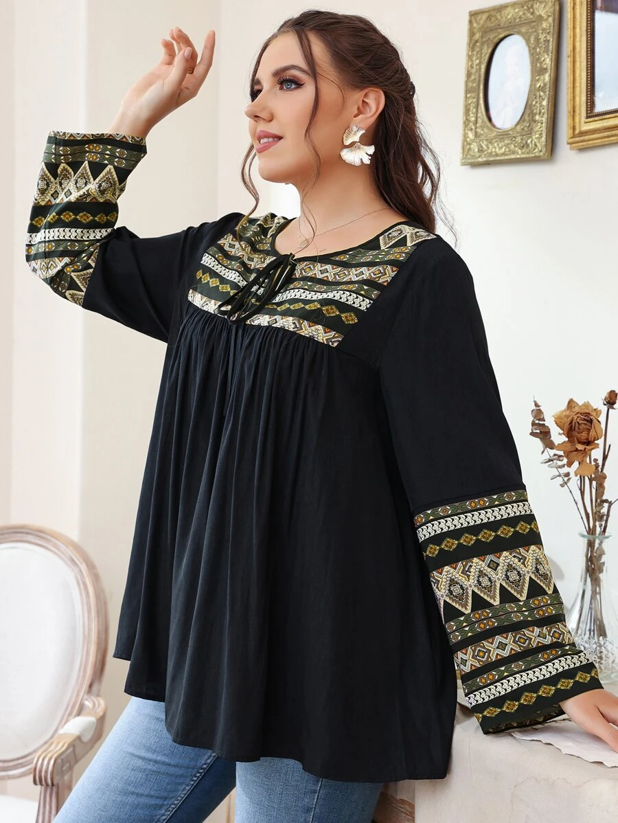 SHEIN LUNE Blusa con estampado geométrico con cordón delantero - Multicolor - Ver 1