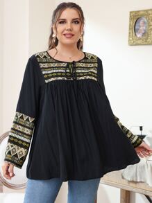 SHEIN LUNE Blusa con estampado geométrico con cordón delantero - Multicolor - Ver 3