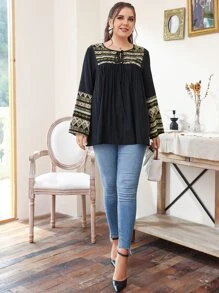 SHEIN LUNE Blusa con estampado geométrico con cordón delantero - Multicolor - Ver 4