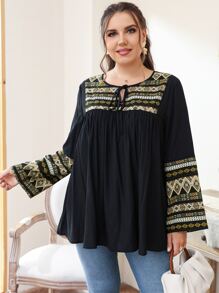 SHEIN LUNE Blusa con estampado geométrico con cordón delantero - Multicolor - Ver 5