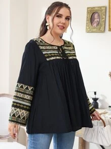 SHEIN LUNE Blusa con estampado geométrico con cordón delantero - Multicolor - Ver 6