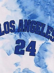 SHEIN Unity Áo thun nữ Lá thư Cà vạt nhuộm Giải trí - Xanh và trắng - Xem 3