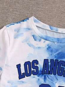 SHEIN Unity Áo thun nữ Lá thư Cà vạt nhuộm Giải trí - Xanh và trắng - Xem 4