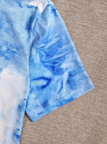 SHEIN Unity Áo thun nữ Lá thư Cà vạt nhuộm Giải trí - Xanh và trắng - Xem 5