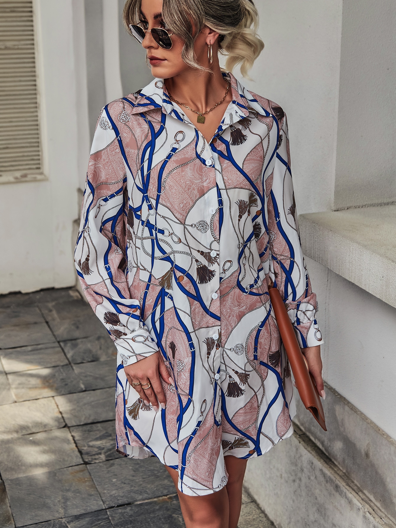 Chain Print Button Up Belted Shirt Dress SHEIN USA