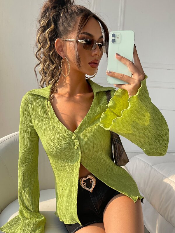 SHEIN ICON Flounce Sleeve Lettuce Trim Shirt