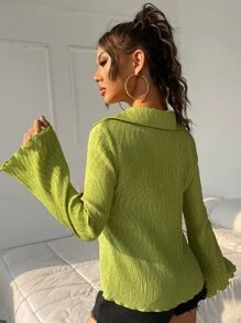 SHEIN ICON Áo sơ mi tay áo lá sen Ren Mộc nhĩ - Màu xanh chanh - Xem 2