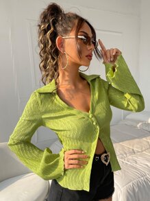 SHEIN ICON Áo sơ mi tay áo lá sen Ren Mộc nhĩ - Màu xanh chanh - Xem 3